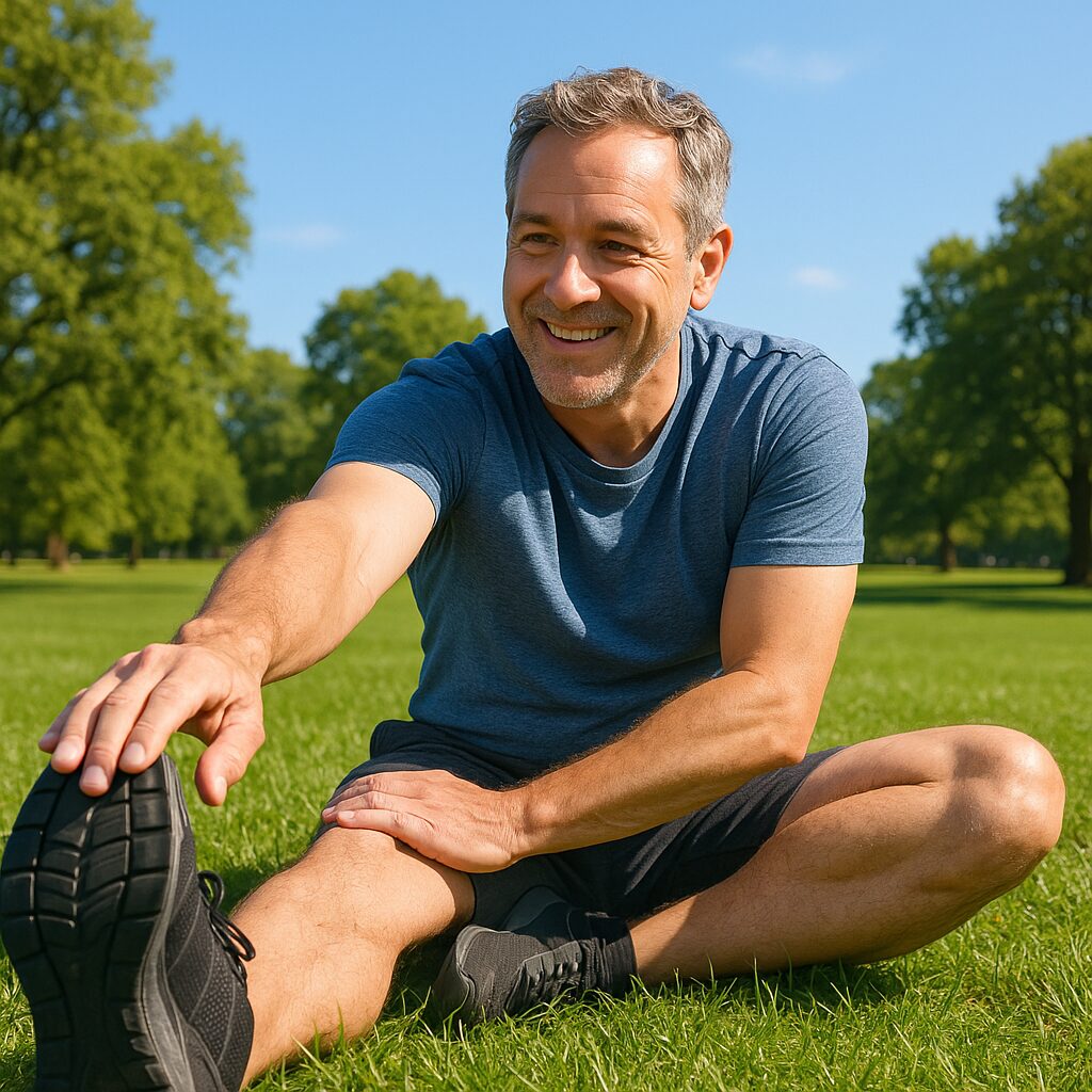 男性が公園でストレッチをしている
