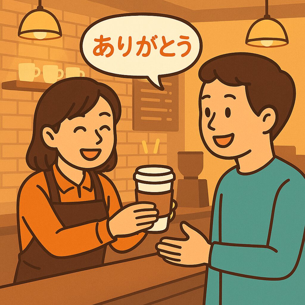 明るいカフェで、カップを渡す女性店にありがとうと言っている男性