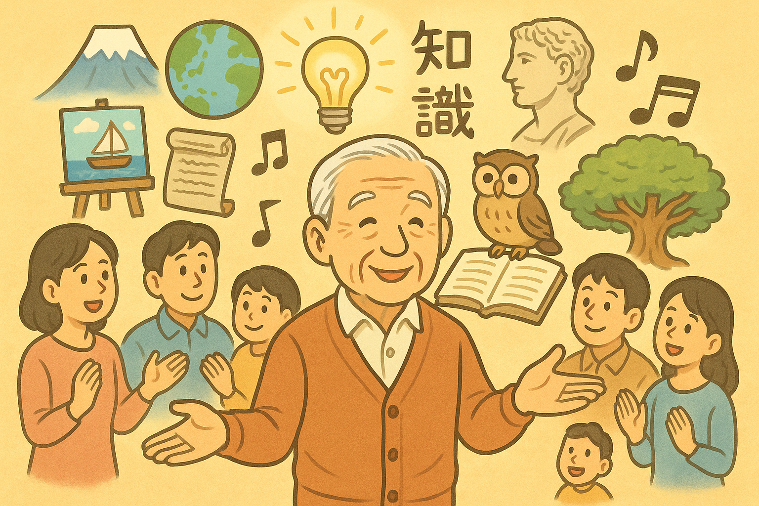 歳を重ねるメリット、経験、知識、円滑な対人関係などのイラスト