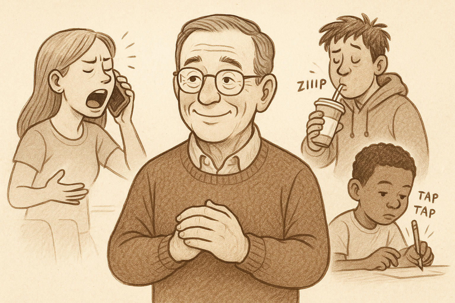中年の男性が、様々な迷惑行為に治して寛容に接している様子