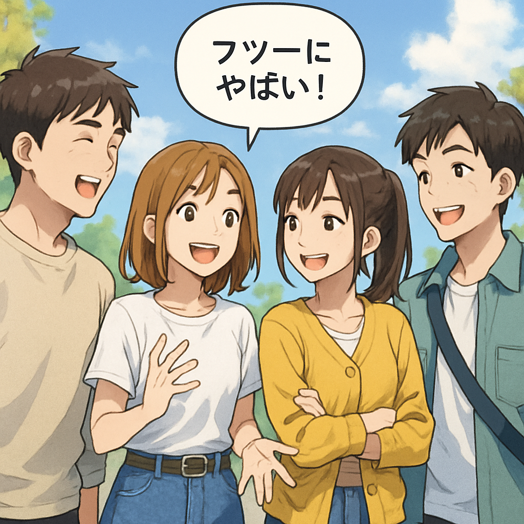 男女の若者4人が楽しそうに会話している。一人が「フツーにヤバイ」と発言している
