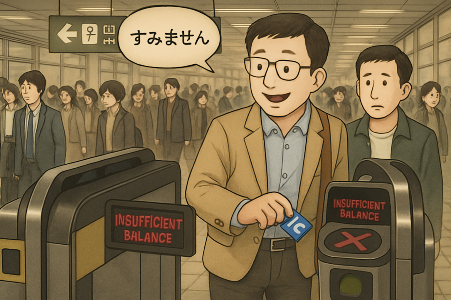 自動改札で、残高不足で通れない状況　「すみません」