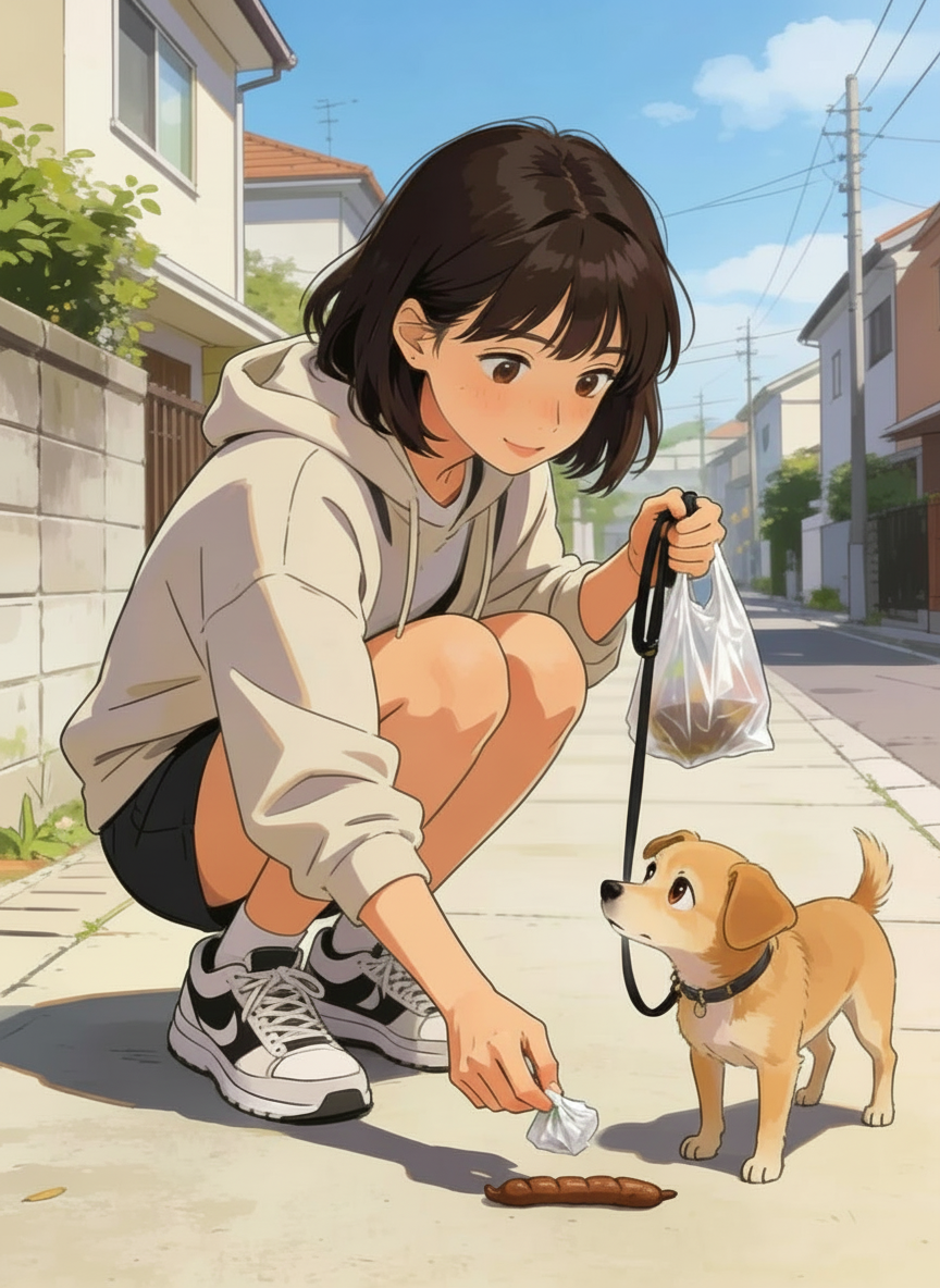 散歩の途中で、飼い犬のウンチを拾う