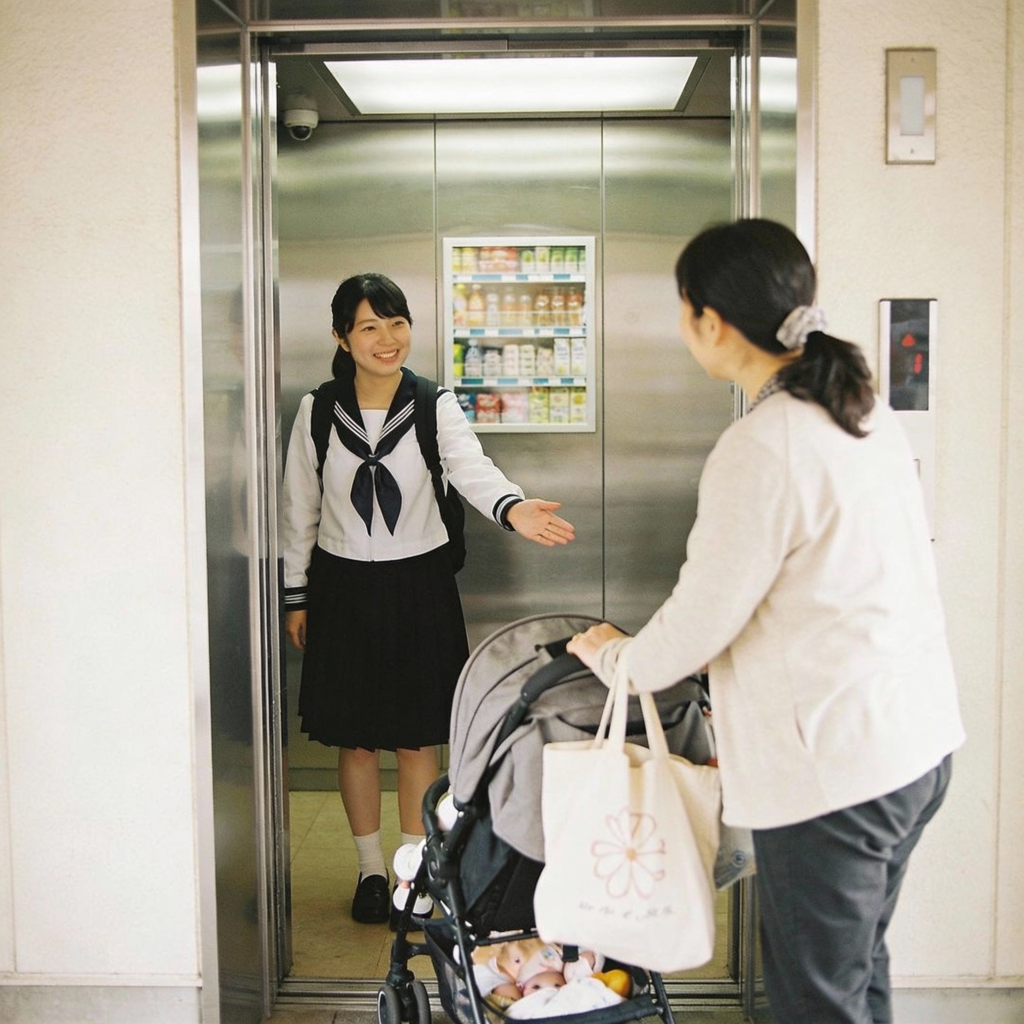 ベビーカーにスペースを譲る女子学生