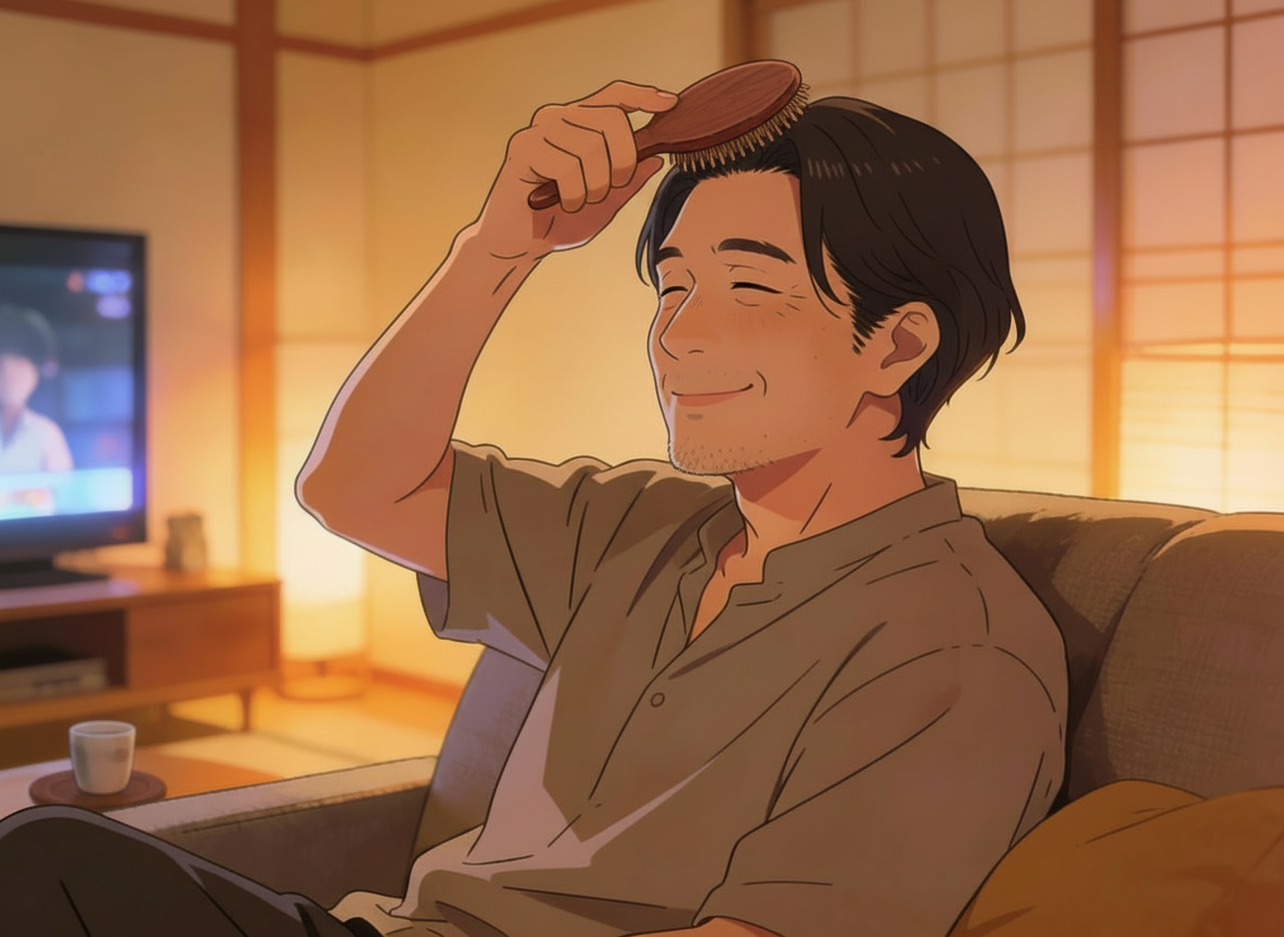 リビングで髪をとかす男性
