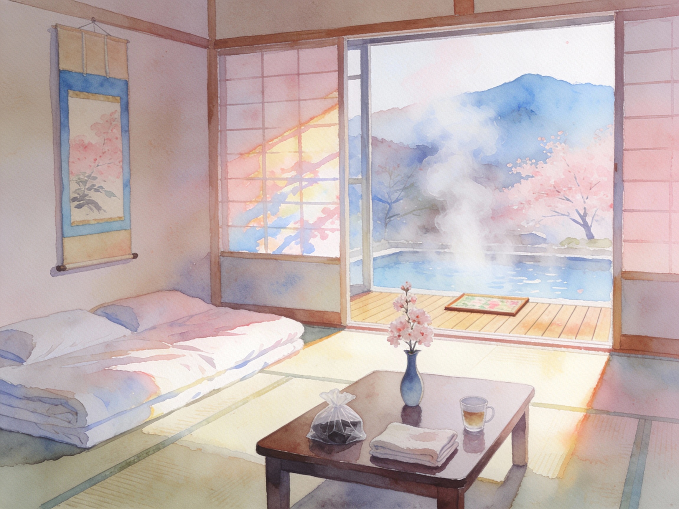 温泉宿の一室、きれいに整えられた出立の朝
