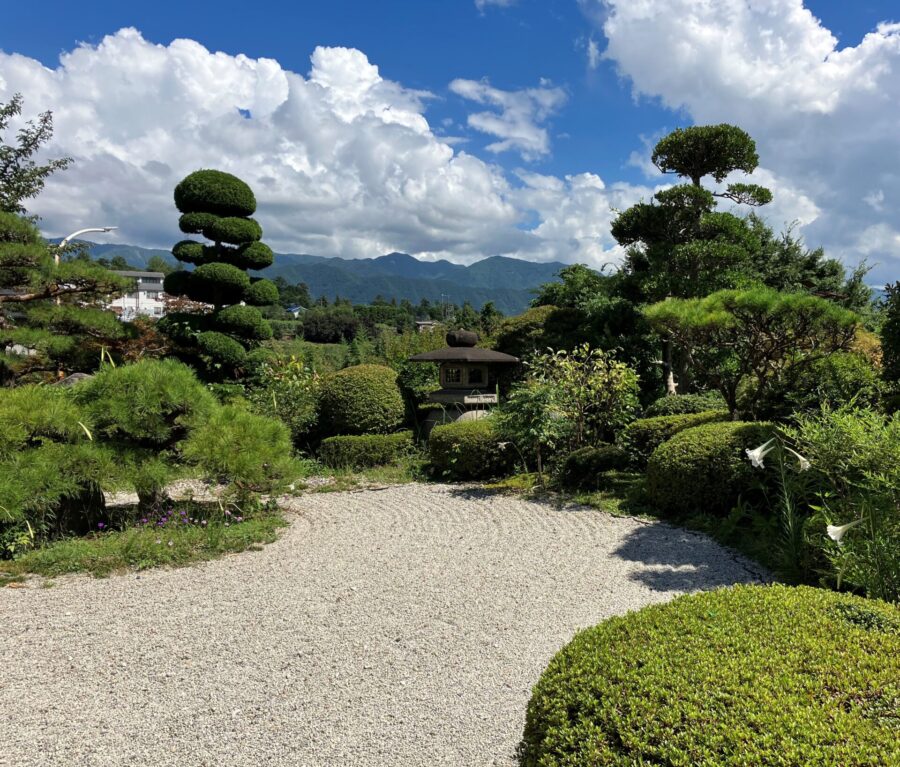 はやぶさ温泉　庭と遠景