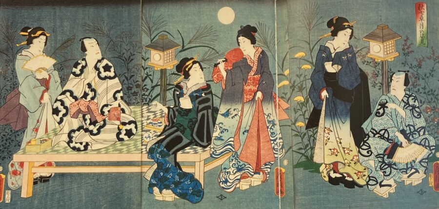 十五夜、月見の宴、秋の七草が背景に描かれている