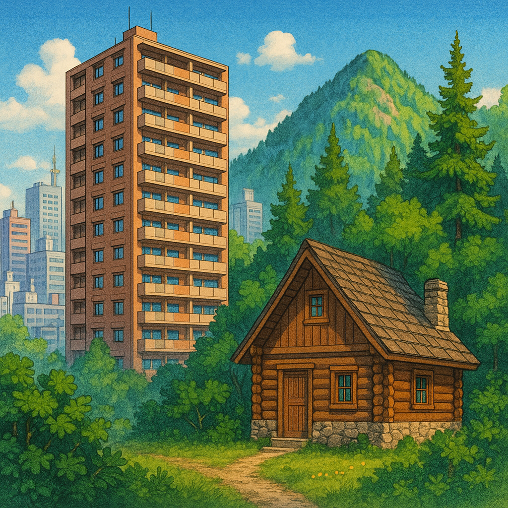 高層マンションと山荘のイラスト